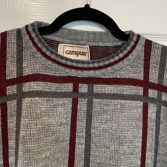 VTG Campus Size L Gray Stripe Plaid Long Sleeve Knit Crew Neck Pullover Sweater - Picture 5 of 10